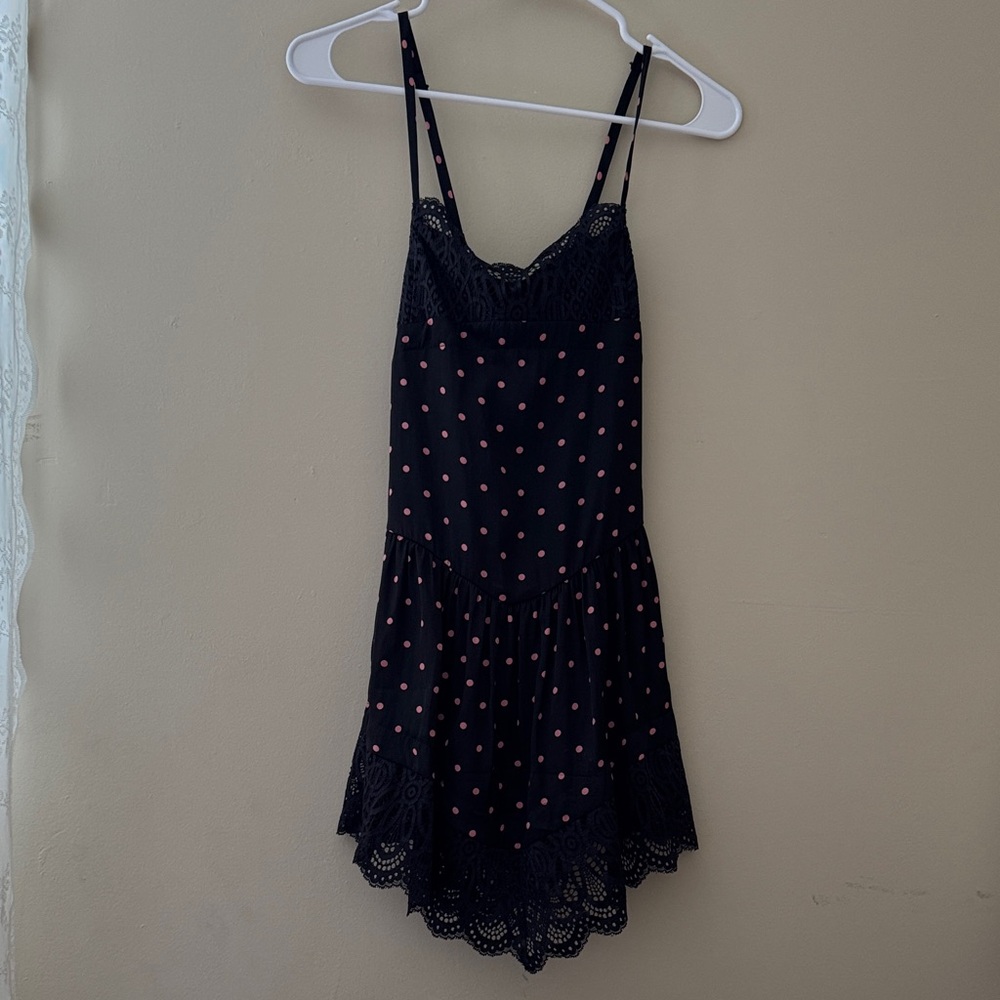 Black Polka Dot Mini Dress with Lace Trim